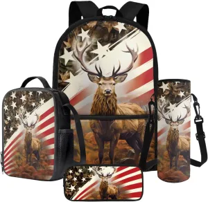 Elk American Flag Maple Leaf Print Patriotic Backpack for Kids Toddler Girls School Bag with Lunch Box Pencil Case and Water Pouch Kids School Bag Set