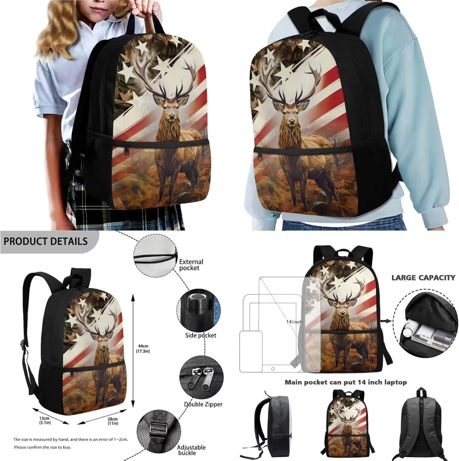 Elk American Flag Maple Leaf Print Patriotic Backpack for Kids Toddler Girls School Bag with Lunch Box Pencil Case and Water Pouch Kids School Bag Set