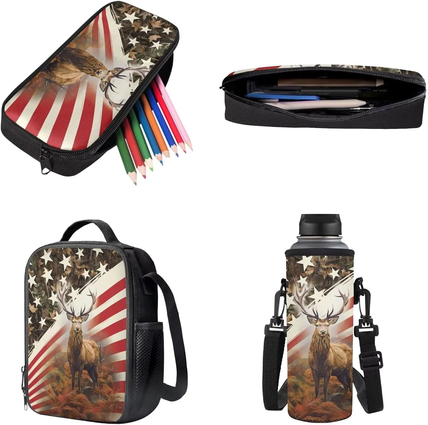 Elk American Flag Maple Leaf Print Patriotic Backpack for Kids Toddler Girls School Bag with Lunch Box Pencil Case and Water Pouch Kids School Bag Set