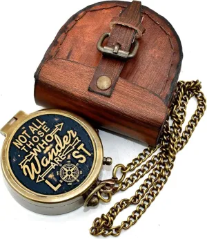 Engraved Not All Those Who Wander are Lost Black Design Antique Compass with Leather Case for Men, Boyfriend Gift Valentine Day Gift Hiking Compass Working Compass