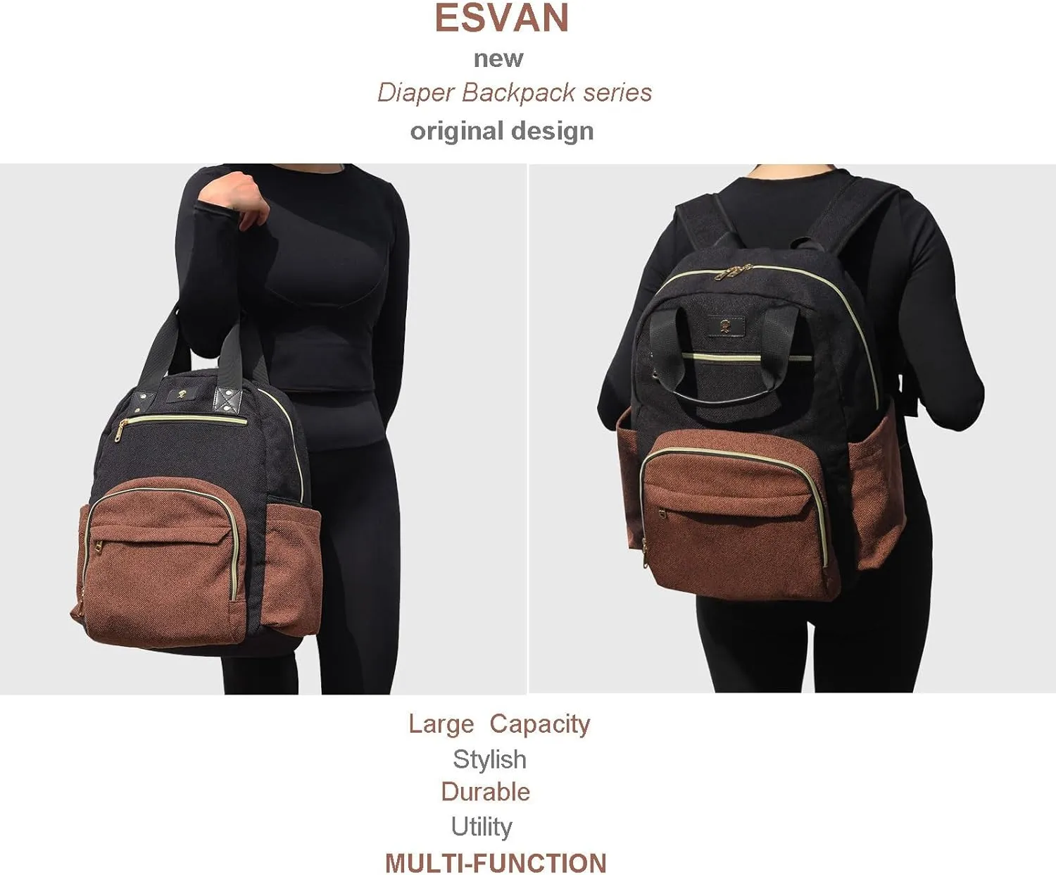 ESVAN Diaper Bag Backpack, Large Capacity Multifunction Baby Essentials Fashion Travel Pack Linen Canvas office Laptop Bag