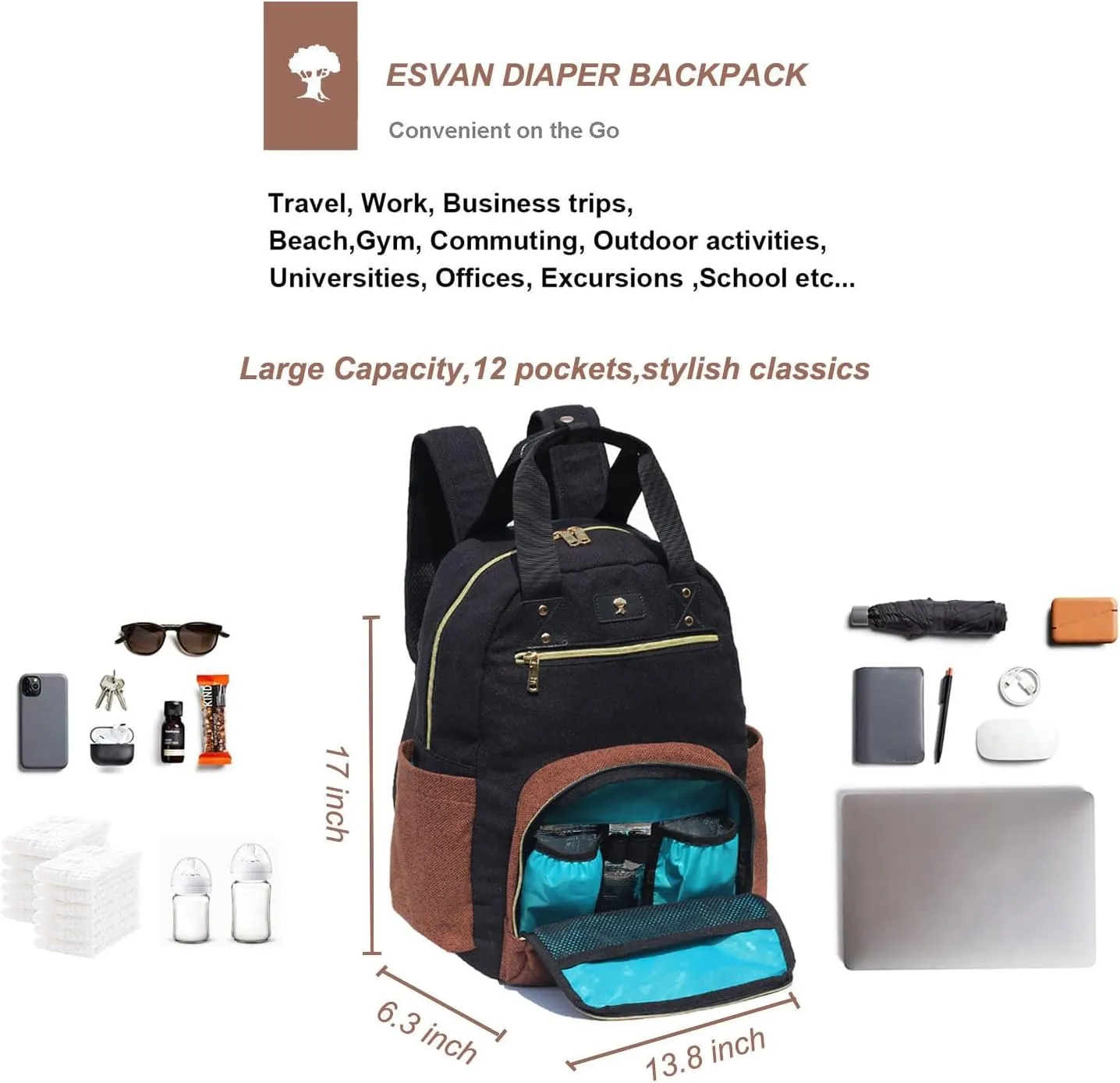 ESVAN Diaper Bag Backpack, Large Capacity Multifunction Baby Essentials Fashion Travel Pack Linen Canvas office Laptop Bag