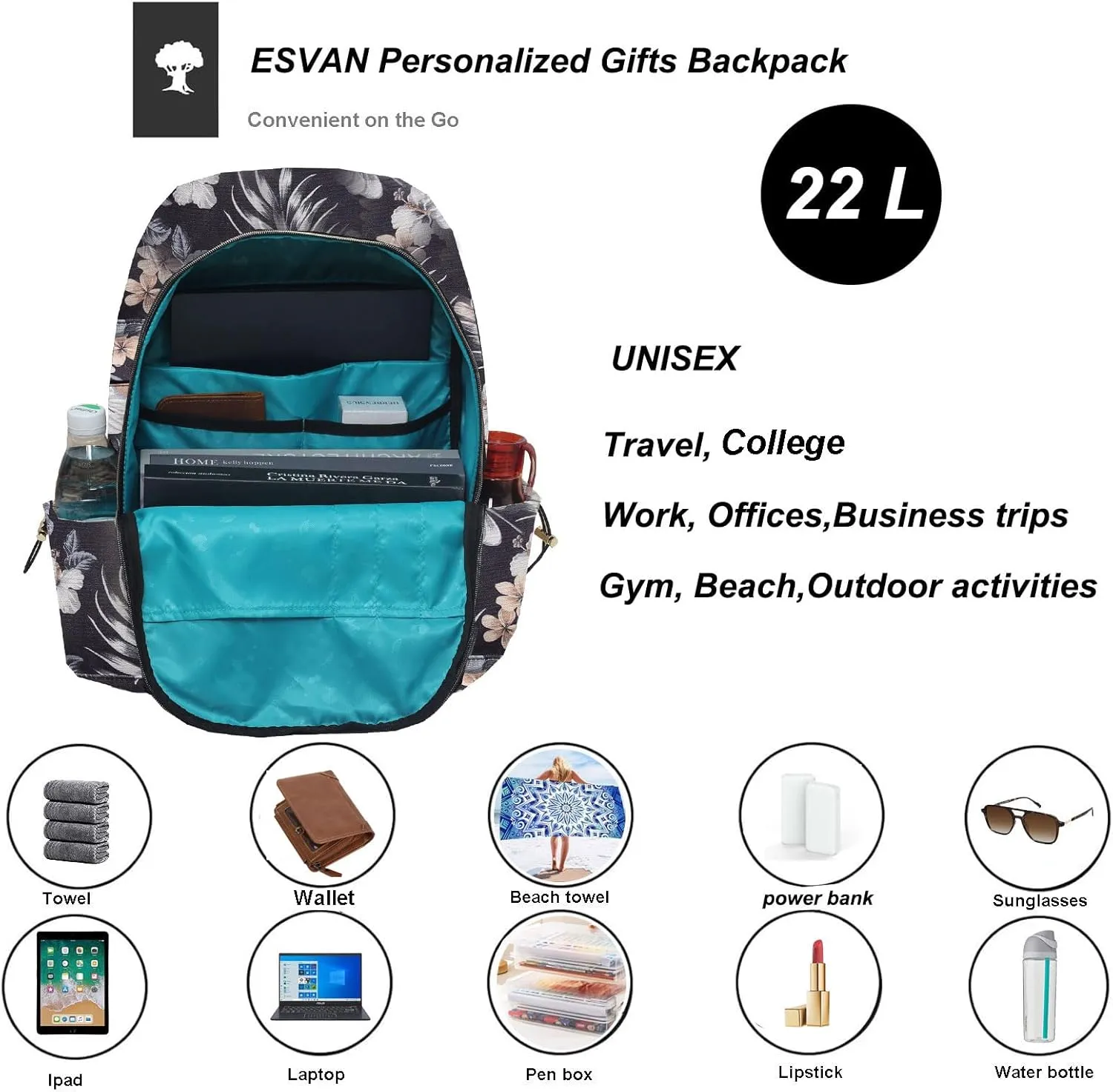 ESVAN Personalized Gifts Backpack Canvas Linen Nylon 17 inch Laptop Bag for Women Casual College