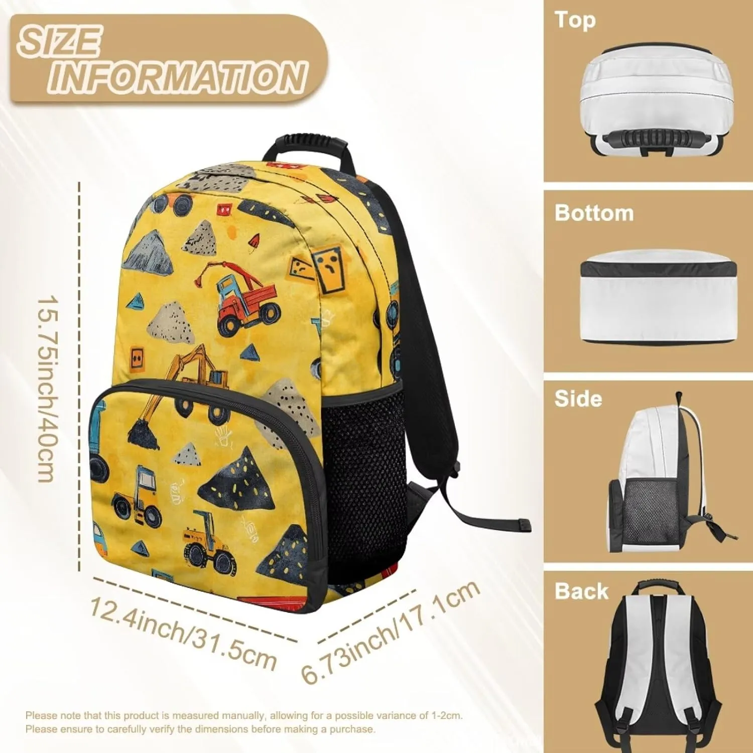 Excavator Backpack for Little Boys 15 Inches School Backpack with Front Zipper Pocket Lightweight Shoulder Bag for Kindergarten Students Casual Daypack