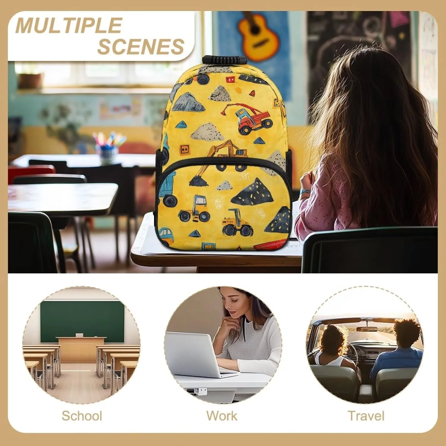 Excavator Backpack for Little Boys 15 Inches School Backpack with Front Zipper Pocket Lightweight Shoulder Bag for Kindergarten Students Casual Daypack