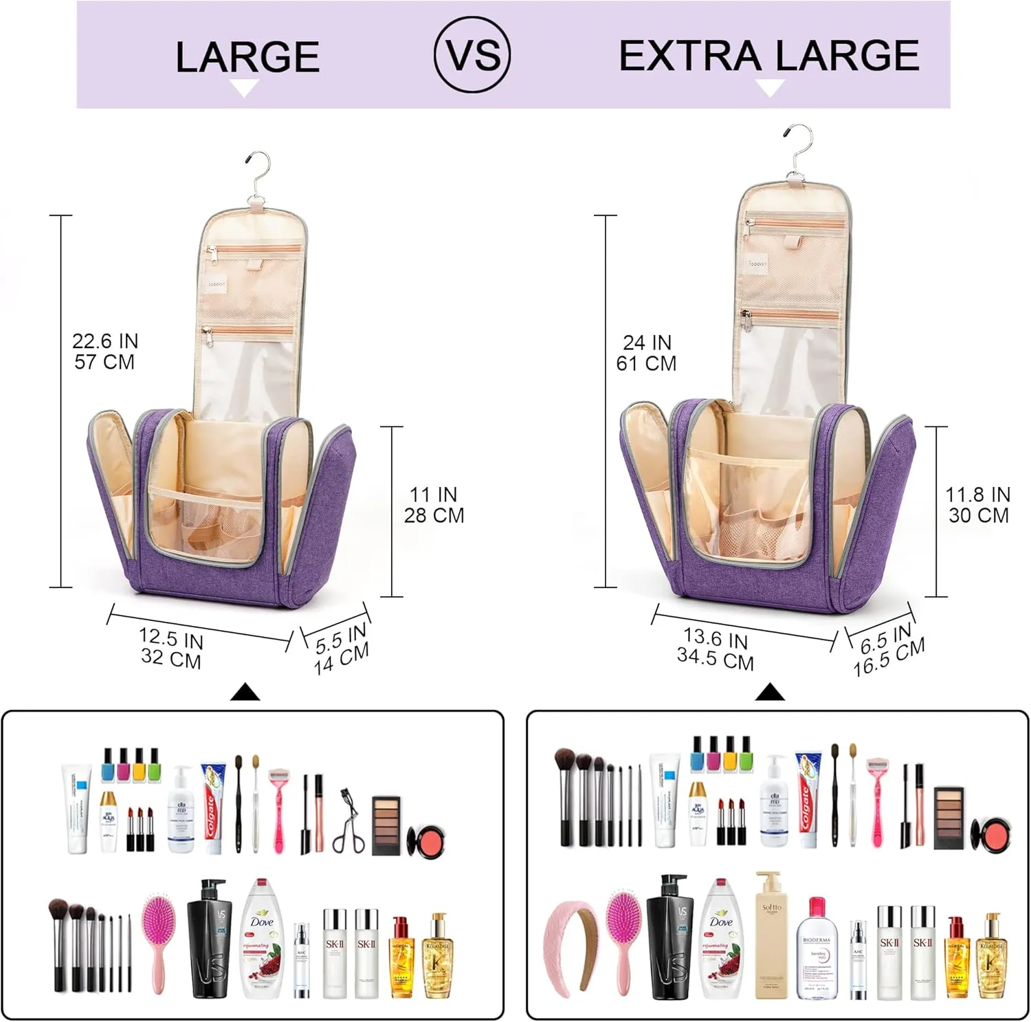 Extra Large Toiletry Bag for Women and Men, 6 Organizer Compartments, Holds Full Size Shampoo, with Hanging Hook Cosmetic Bag, Travel Makeup Bag, Bathroom Water-resistant Toiletries Bag, Purple