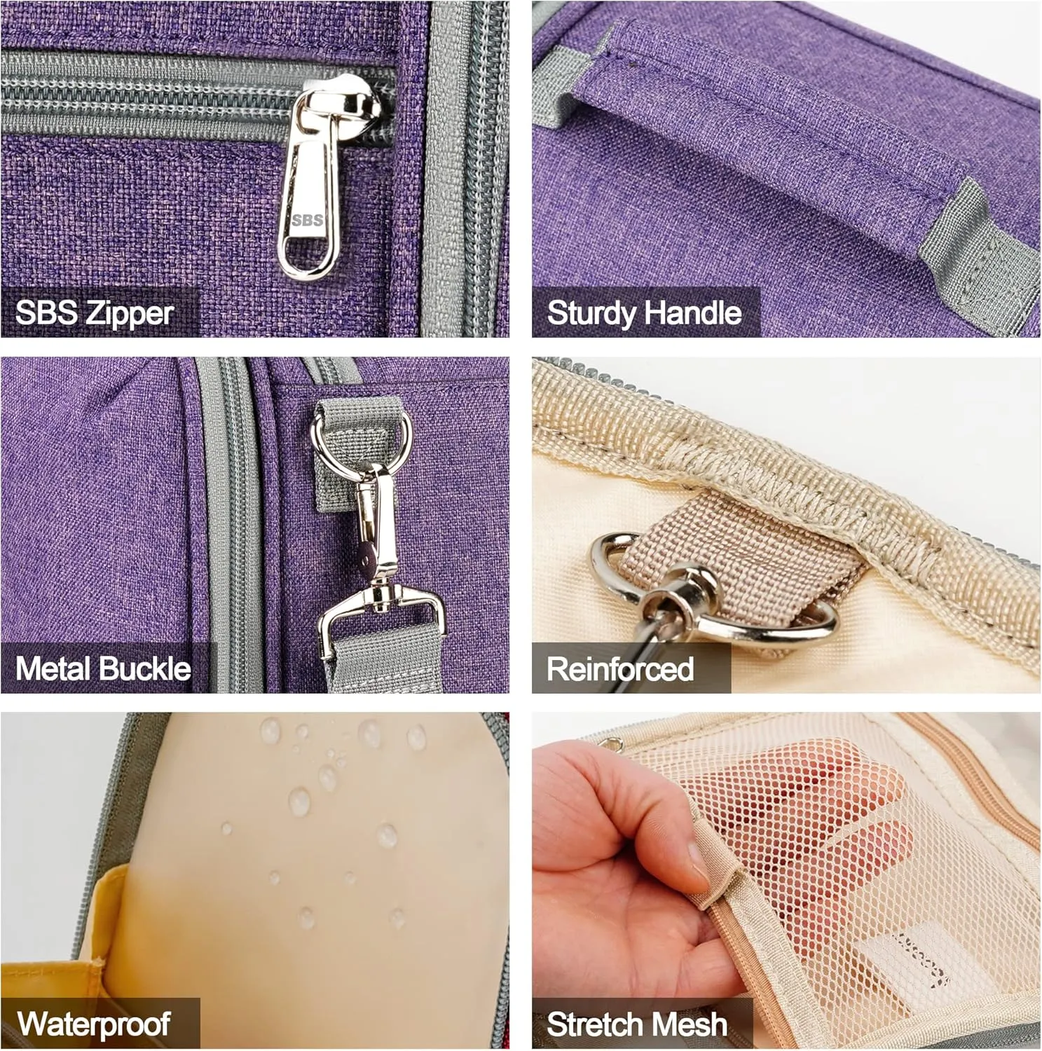 Extra Large Toiletry Bag for Women and Men, 6 Organizer Compartments, Holds Full Size Shampoo, with Hanging Hook Cosmetic Bag, Travel Makeup Bag, Bathroom Water-resistant Toiletries Bag, Purple
