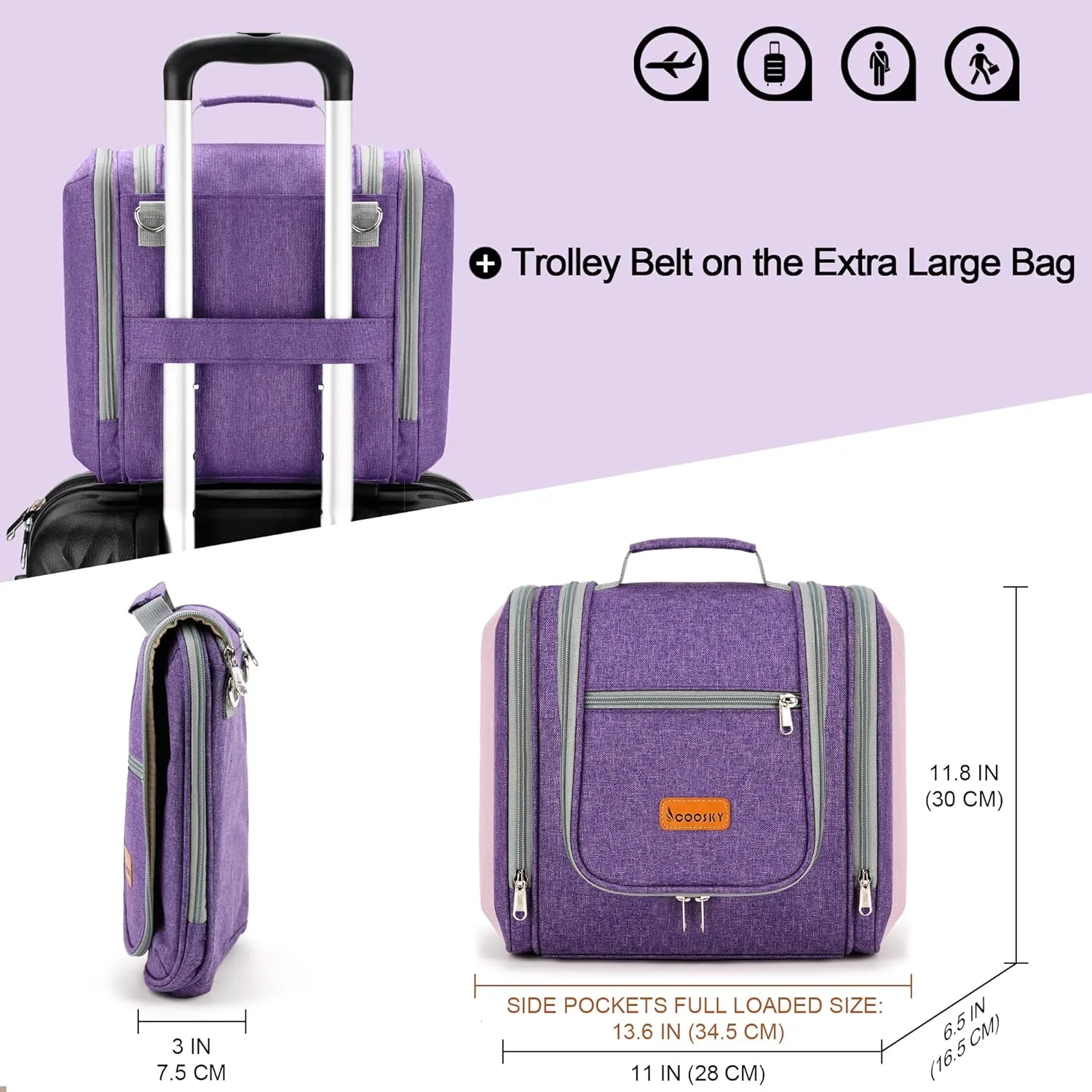 Extra Large Toiletry Bag for Women and Men, 6 Organizer Compartments, Holds Full Size Shampoo, with Hanging Hook Cosmetic Bag, Travel Makeup Bag, Bathroom Water-resistant Toiletries Bag, Purple