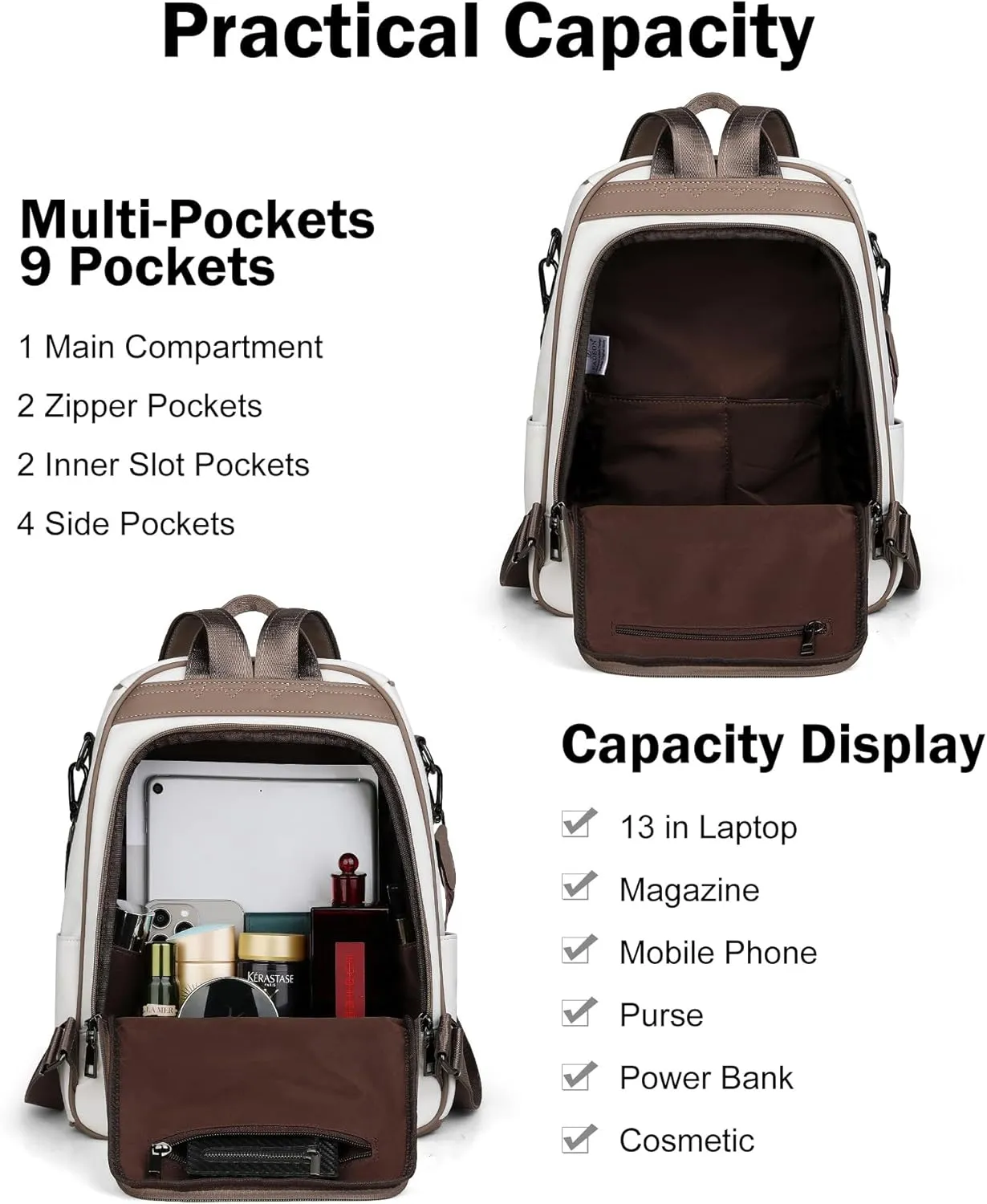 FADEON Anti Theft Backpack for Women Faux Leather Backpack Purse, Back Opening Small Backpack Fashion Work Bag White