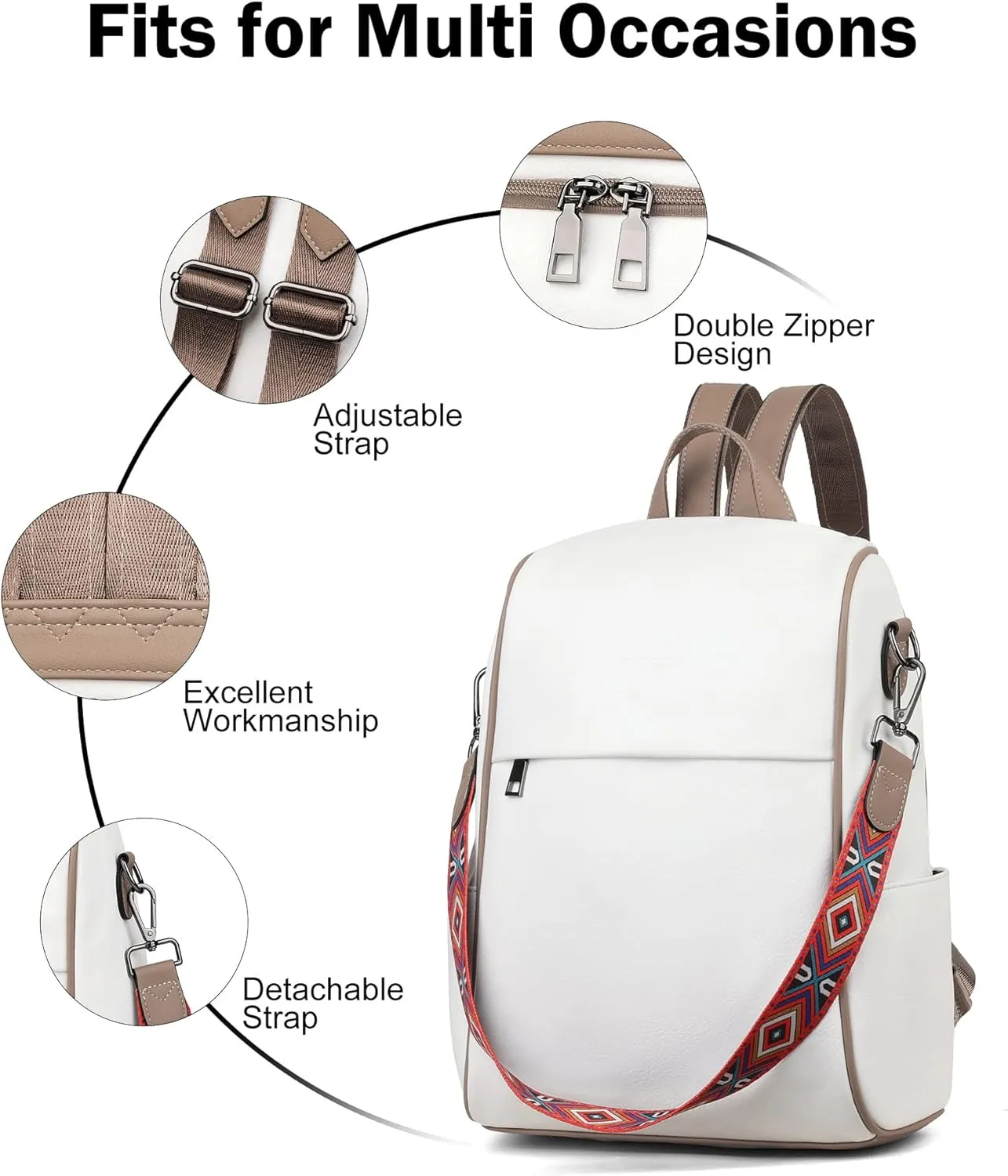 FADEON Anti Theft Backpack for Women Faux Leather Backpack Purse, Back Opening Small Backpack Fashion Work Bag White
