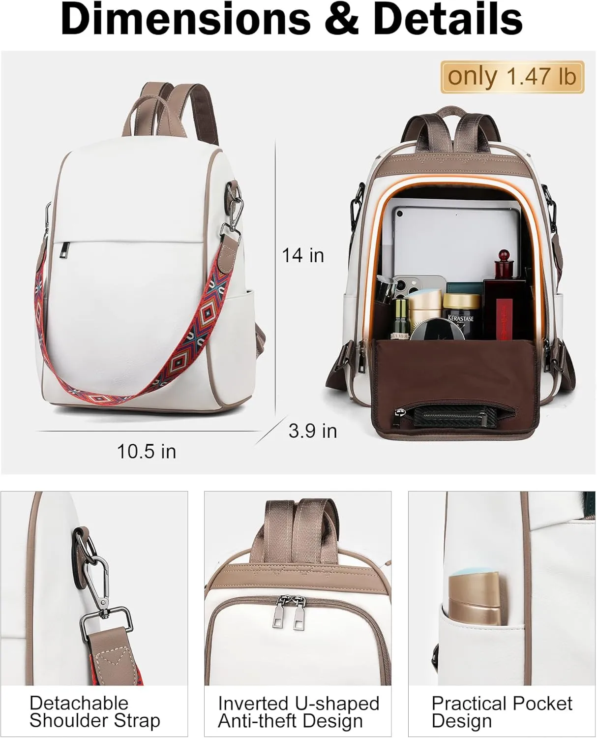 FADEON Anti Theft Backpack for Women Faux Leather Backpack Purse, Back Opening Small Backpack Fashion Work Bag White