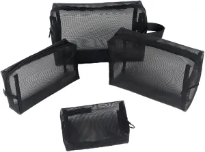 fashion portable purpose made cosmetic bag,Organizing cosmetics and small items for Business Travel bath, Unisex (black 3/4pcs set) (whole mesh rectangle zippered cosmetic bag)