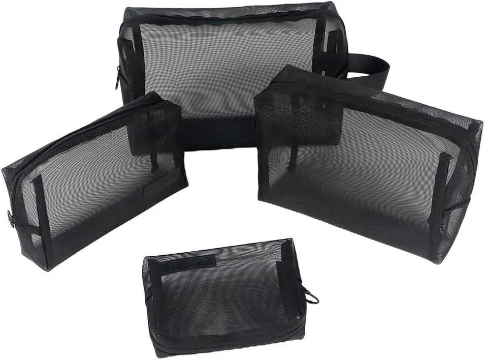 fashion portable purpose made cosmetic bag,Organizing cosmetics and small items for Business Travel bath, Unisex (black 3/4pcs set) (whole mesh rectangle zippered cosmetic bag)