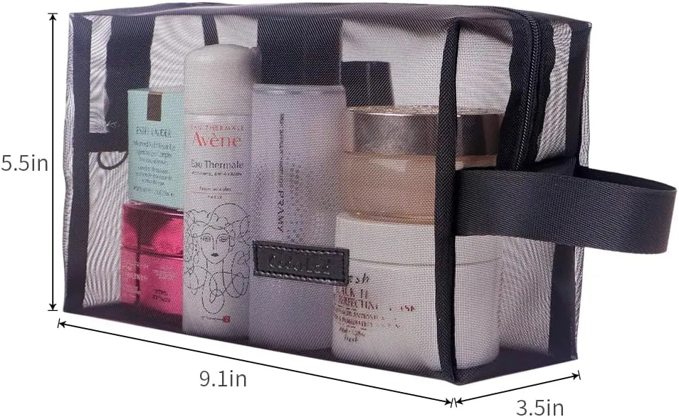 fashion portable purpose made cosmetic bag,Organizing cosmetics and small items for Business Travel bath, Unisex (black 3/4pcs set) (whole mesh rectangle zippered cosmetic bag)