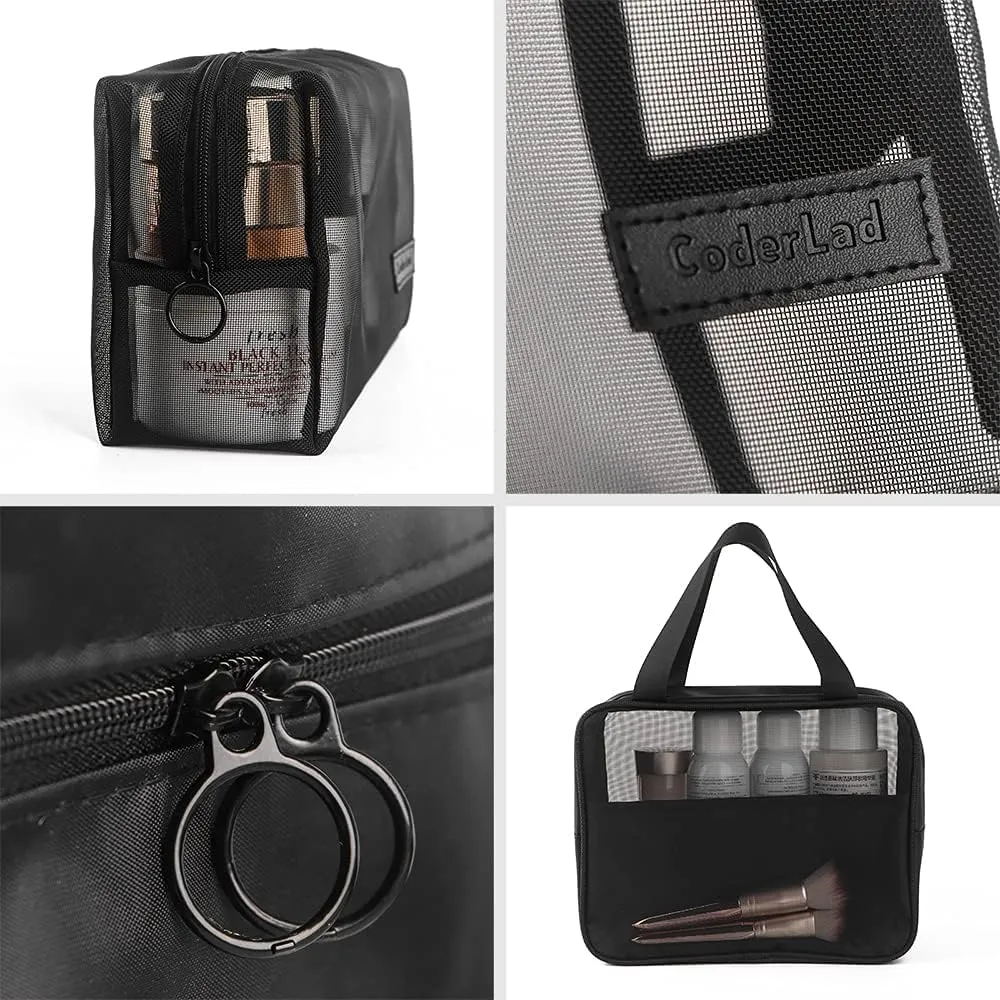 fashion portable purpose made cosmetic bag,Organizing cosmetics and small items for Business Travel bath, Unisex (black 3/4pcs set) (whole mesh rectangle zippered cosmetic bag)