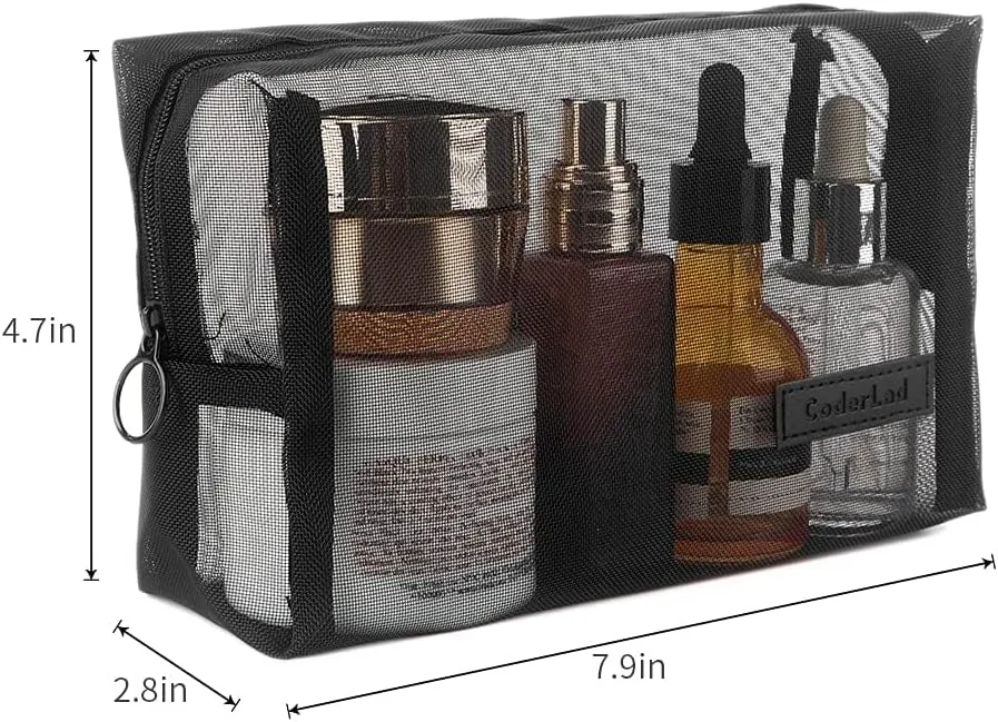 fashion portable purpose made cosmetic bag,Organizing cosmetics and small items for Business Travel bath, Unisex (black 3/4pcs set) (whole mesh rectangle zippered cosmetic bag)