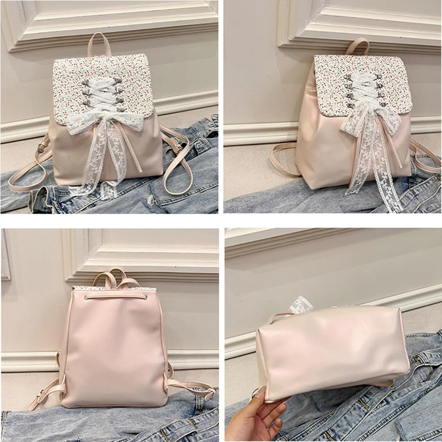 Fashion Small Backpack for Women Fashion Japanese Sweet Lace Bow Floral Backpack Purse Lightweight Casual Daypack (Pink, Large size)