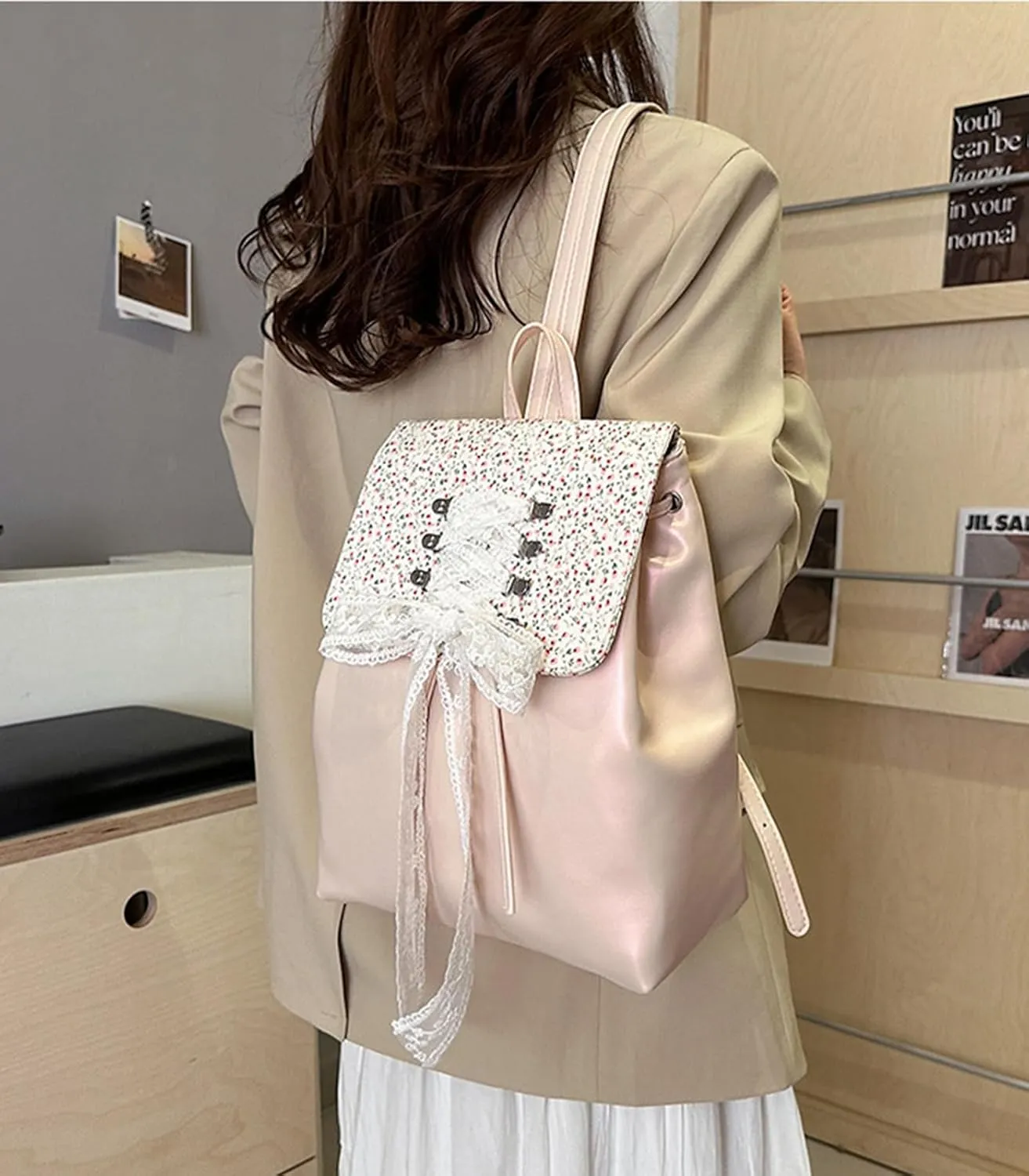 Fashion Small Backpack for Women Fashion Japanese Sweet Lace Bow Floral Backpack Purse Lightweight Casual Daypack (Pink, Large size)