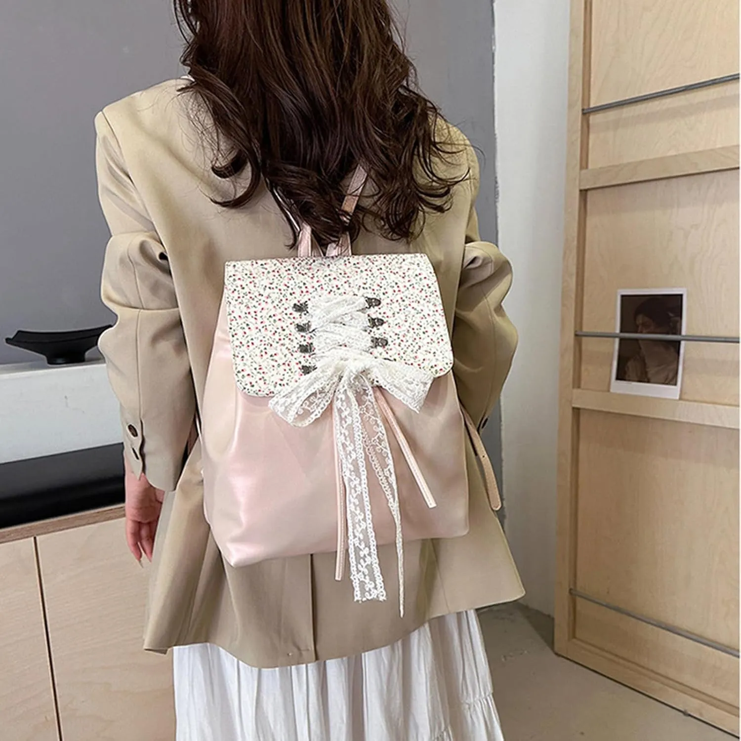 Fashion Small Backpack for Women Fashion Japanese Sweet Lace Bow Floral Backpack Purse Lightweight Casual Daypack (Pink, Large size)