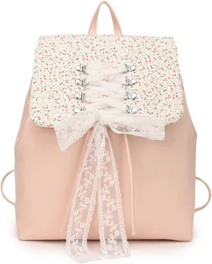 Fashion Small Backpack for Women Fashion Japanese Sweet Lace Bow Floral Backpack Purse Lightweight Casual Daypack (Pink, Large size)