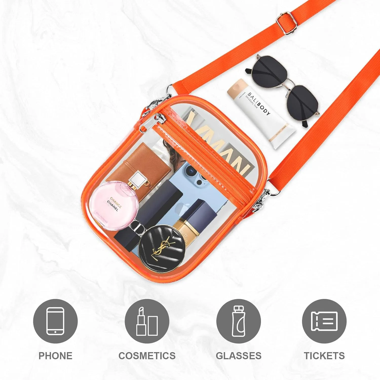 Fibrdoo Clear Crossbody Purse Bag, Clear Bag Stadium Approved with Front Pocket for Concerts Sports Festivals