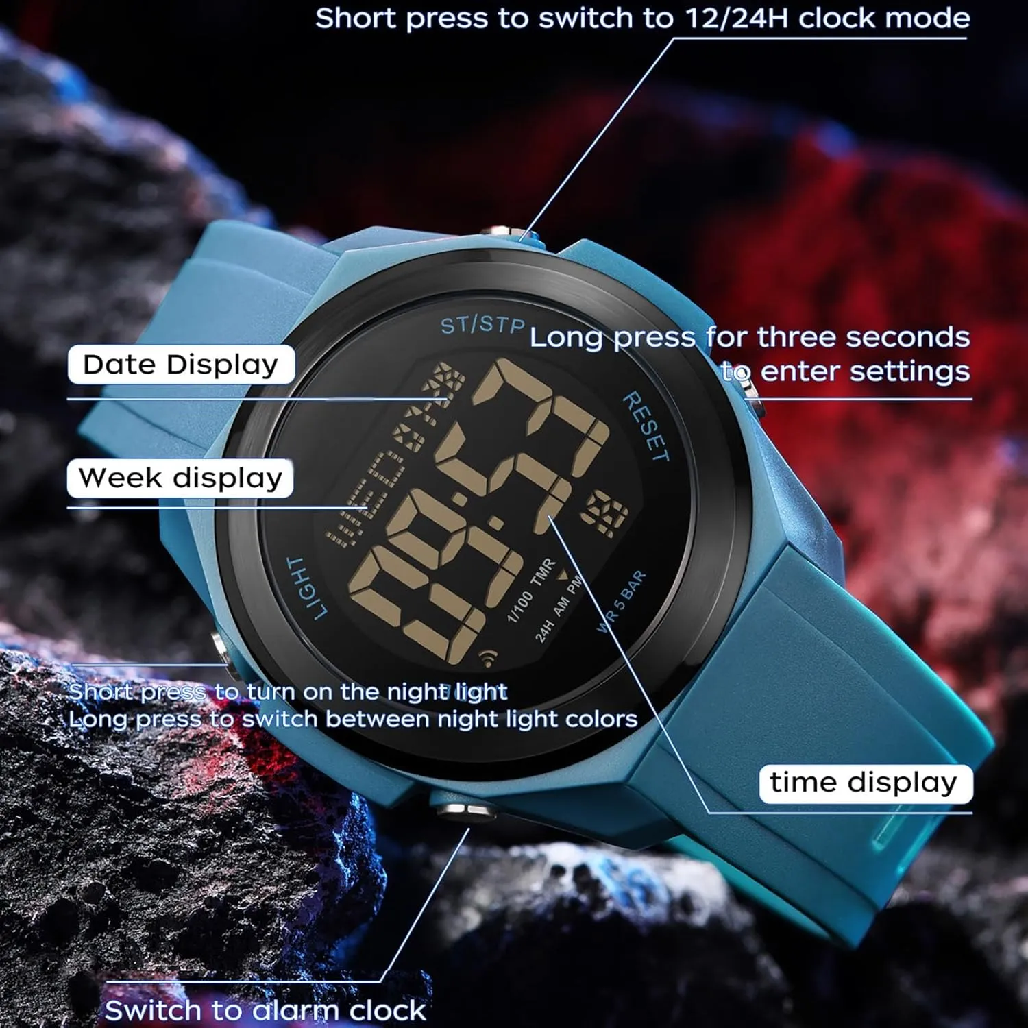 findtime Watches for Women Digital LED Back Light Watch Women with Dual Time Zone Display Countdown Alarm Stopwatch Ultra-Thin Colorful Wristwatch