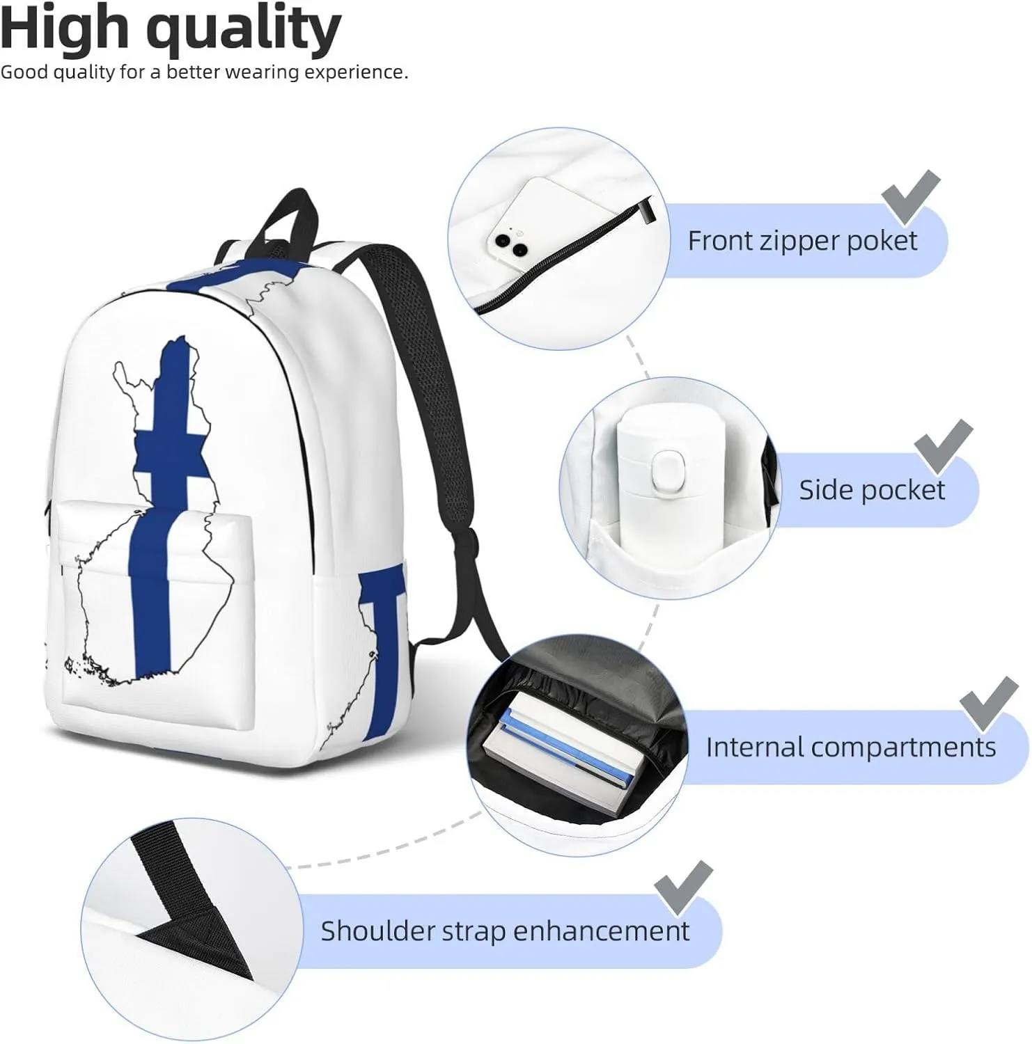 Finnish Flag Map print Laptop Backpack for Travel Computer,Casual Daypack Bookbag for College Work for Women Men