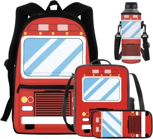 Fire Engine 4pcs Schoolbag for Boys Backpack for Kids Child 15 Inch School Backpack Lunch Bag Pencil Case Water Bottle Bag,Preschool Kids Backpack Set Large Capacity Daypack Knapsack