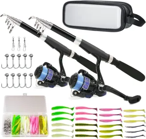 Fishing Pole Combo Set, 1.6M/5.5Ft 2 Pack, Telescopic Rod and Reel Combo Set with Tackle Box and Carry Bag, Fishing Starter Kit for Youth and Beginners