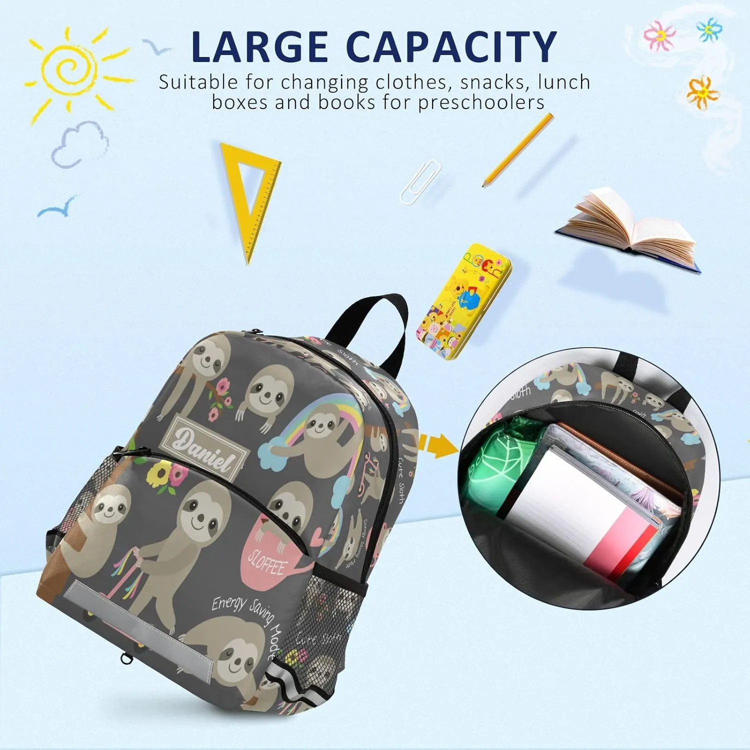 Fisyme Cute Sloth Patterns Custom Backpack Schoolbag Kids Daypack Toddler Travel School Bag Small Mini Personalized Backpacks for Kindergarten Preschool Nursery Children Boys Girls