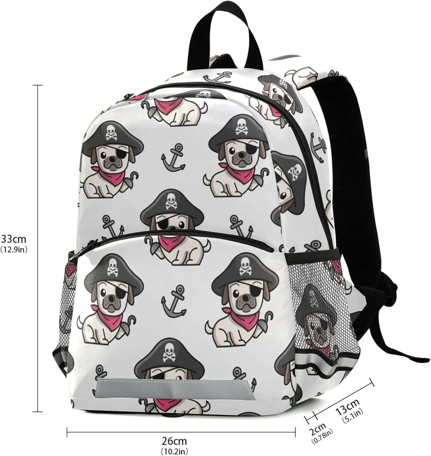 Fisyme Pirate Pug Dog Backpack Schoolbag Kids Daypack Toddler Travel School Bag Small Backpacks for Kindergarten Preschool Nursery Boys Girl