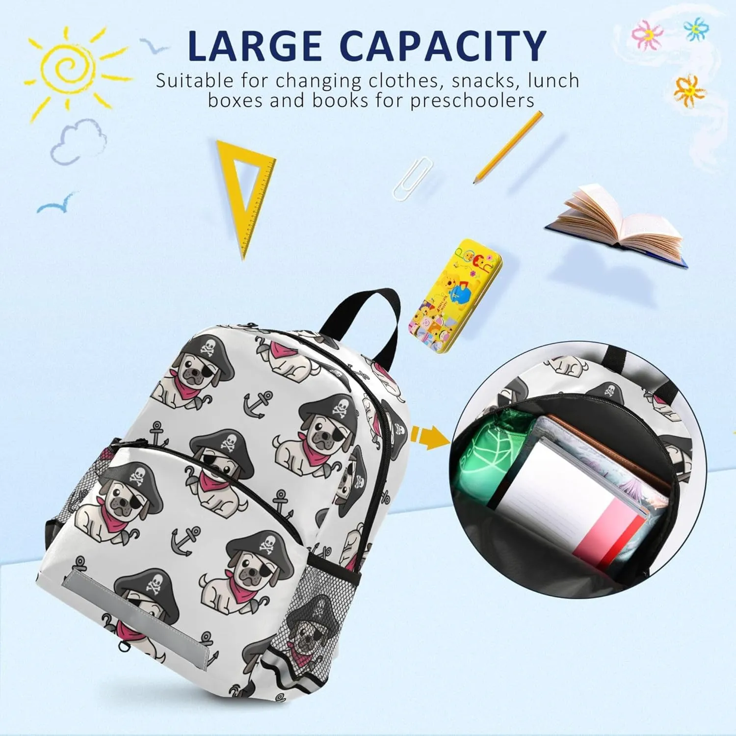 Fisyme Pirate Pug Dog Backpack Schoolbag Kids Daypack Toddler Travel School Bag Small Backpacks for Kindergarten Preschool Nursery Boys Girl