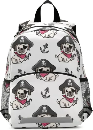 Fisyme Pirate Pug Dog Backpack Schoolbag Kids Daypack Toddler Travel School Bag Small Backpacks for Kindergarten Preschool Nursery Boys Girl