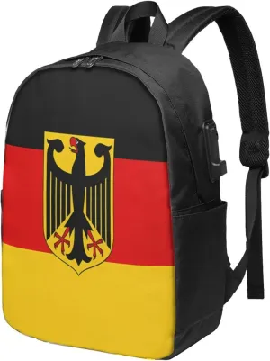 Flag German Coat of Arms Travel Backpack 17-Inch Laptop Backpacks Business Rucksack Casual Sport Daypack with USB Charging Port Carry-on Bag for Camping Biking