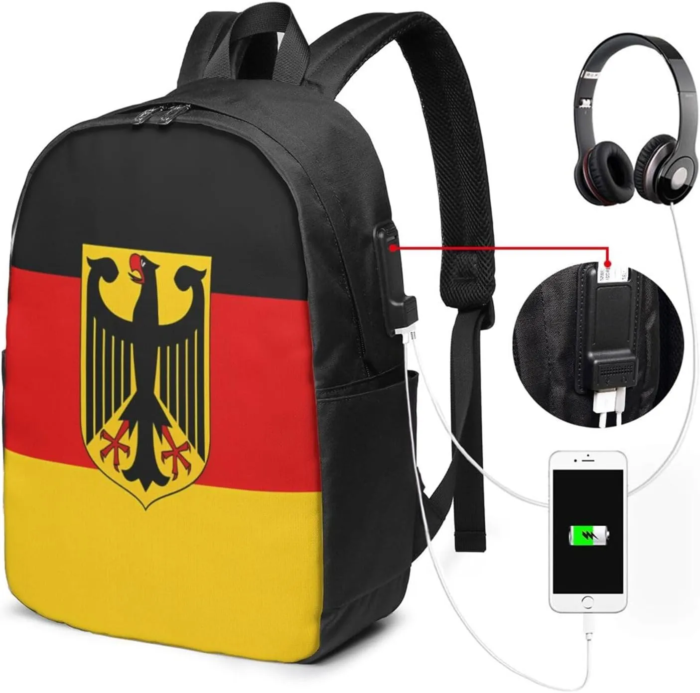 Flag German Coat of Arms Travel Backpack 17-Inch Laptop Backpacks Business Rucksack Casual Sport Daypack with USB Charging Port Carry-on Bag for Camping Biking