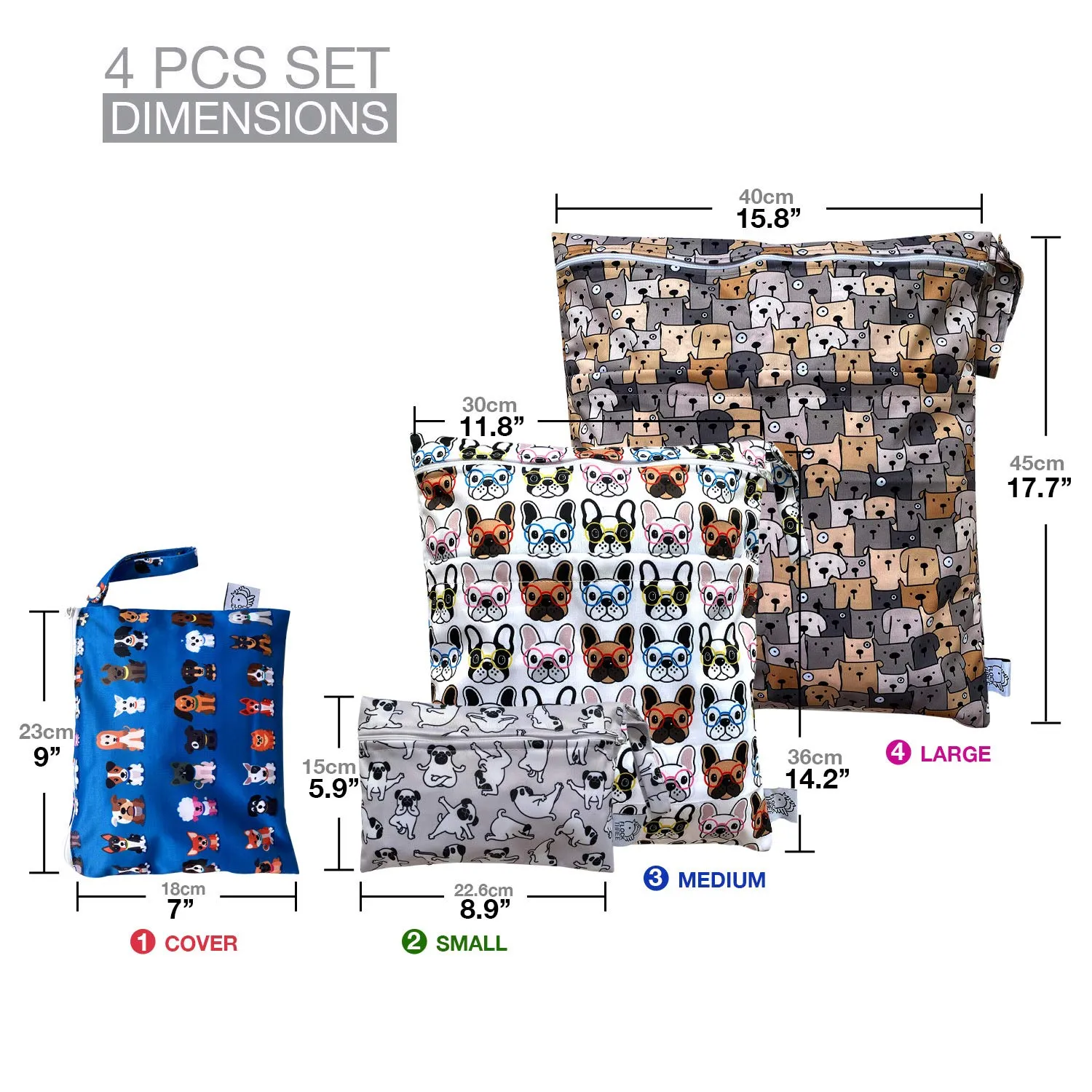 FLOCK THREE 4pcs Waterproof Wet Bag Reusable for Wet Clothes Baby Diapers Stroller Swimsuit Travel Reusable toiletries Pouch Small and Larger Electronics case 4 Pack (Cute Dog)