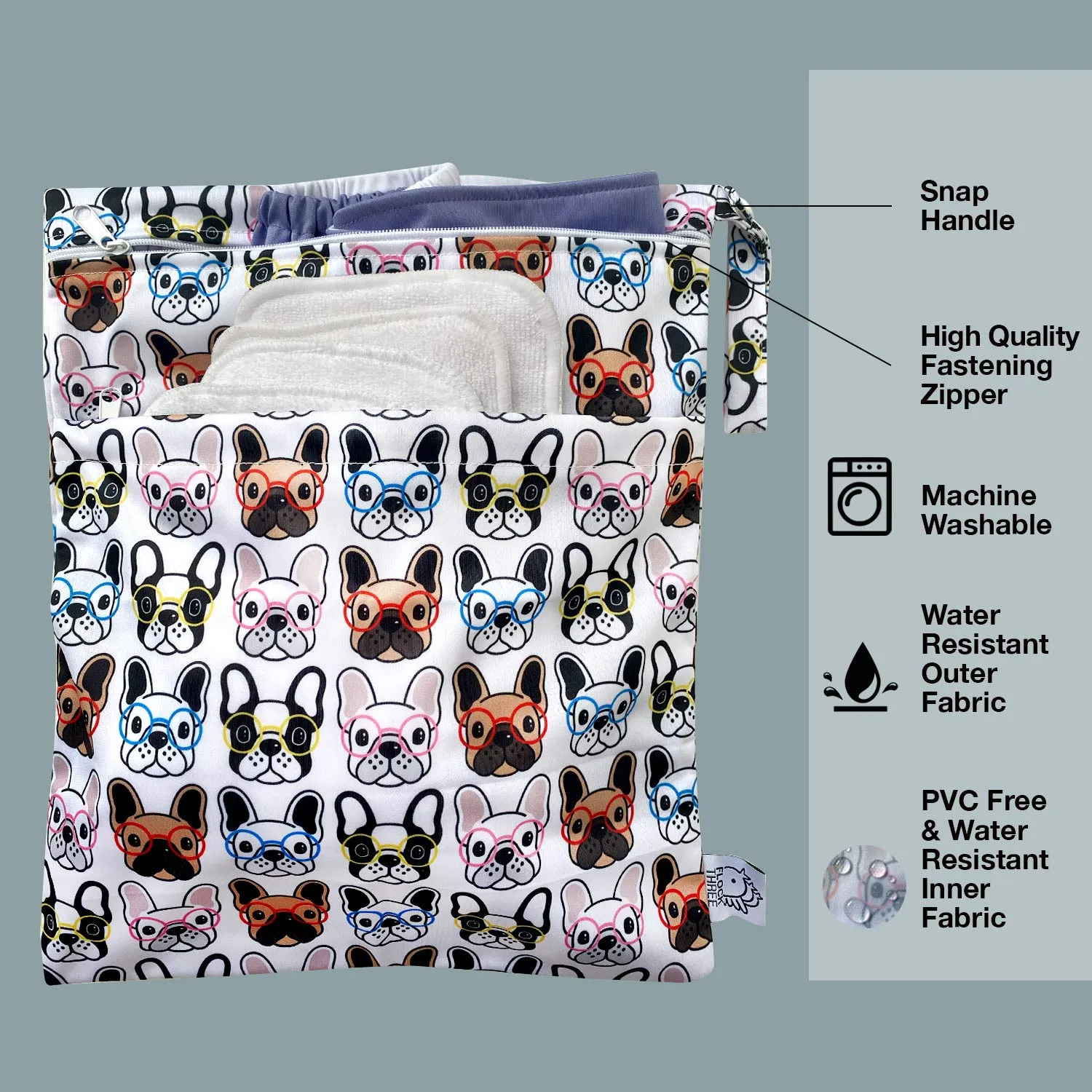 FLOCK THREE 4pcs Waterproof Wet Bag Reusable for Wet Clothes Baby Diapers Stroller Swimsuit Travel Reusable toiletries Pouch Small and Larger Electronics case 4 Pack (Cute Dog)