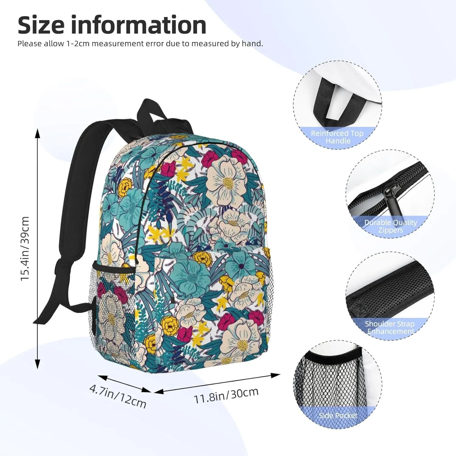 Floral Backpack for Girls Boys Kids Teens Woman Man Teal Flower School Bags Middle School Bookbags Casual Student Daypack Gifts for Travel College Work Lightweight Waterproof Backpack 15inch