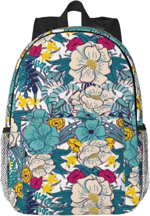 Floral Backpack for Girls Boys Kids Teens Woman Man Teal Flower School Bags Middle School Bookbags Casual Student Daypack Gifts for Travel College Work Lightweight Waterproof Backpack 15inch
