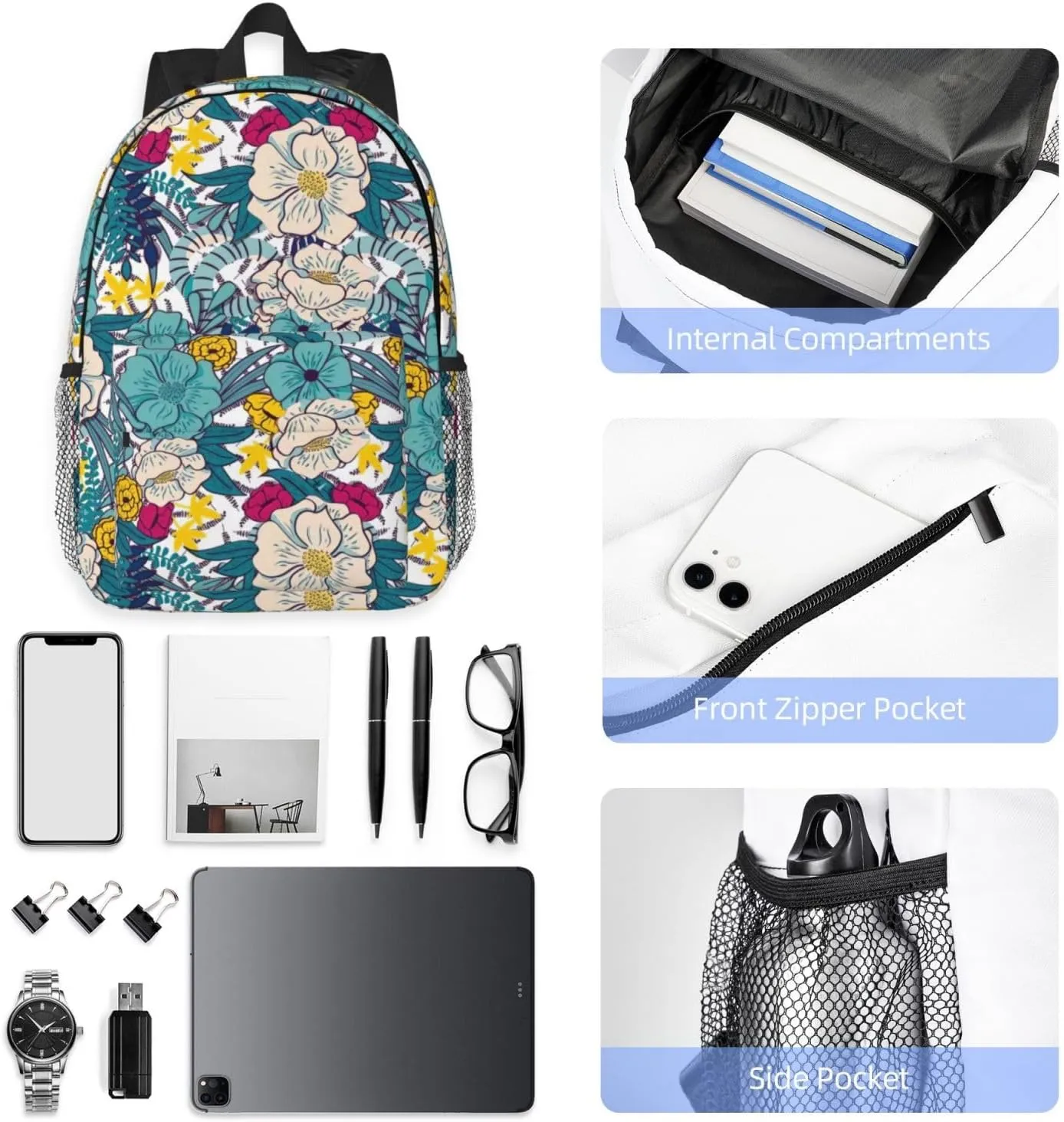 Floral Backpack for Girls Boys Kids Teens Woman Man Teal Flower School Bags Middle School Bookbags Casual Student Daypack Gifts for Travel College Work Lightweight Waterproof Backpack 15inch