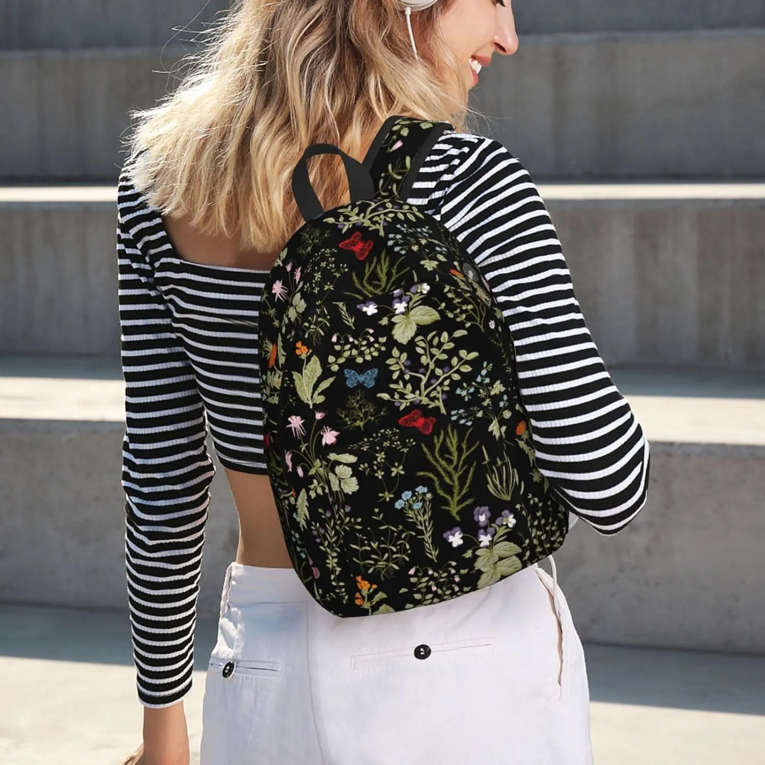 Floral Flower Herb Trendy Plant Backpack for Girls Boys Women Lightweight Canvas Bookbag Casual Daypack for Travel Outdoor Camping, 15 Inch