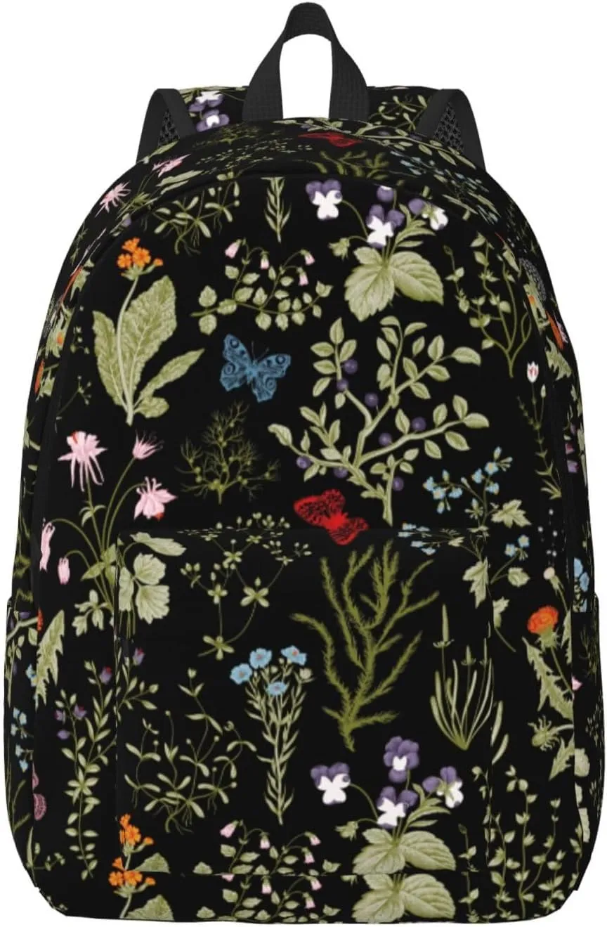 Floral Flower Herb Trendy Plant Backpack for Girls Boys Women Lightweight Canvas Bookbag Casual Daypack for Travel Outdoor Camping, 15 Inch