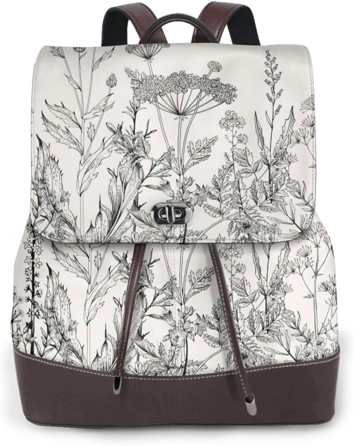 Floral Herbs Botanical Engraving Print Women'S Leather Backpack Versatile Chic Handbag Fashion Backpack Women Travel Work