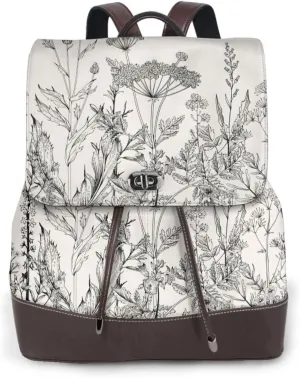 Floral Herbs Botanical Engraving Print Women'S Leather Backpack Versatile Chic Handbag Fashion Backpack Women Travel Work