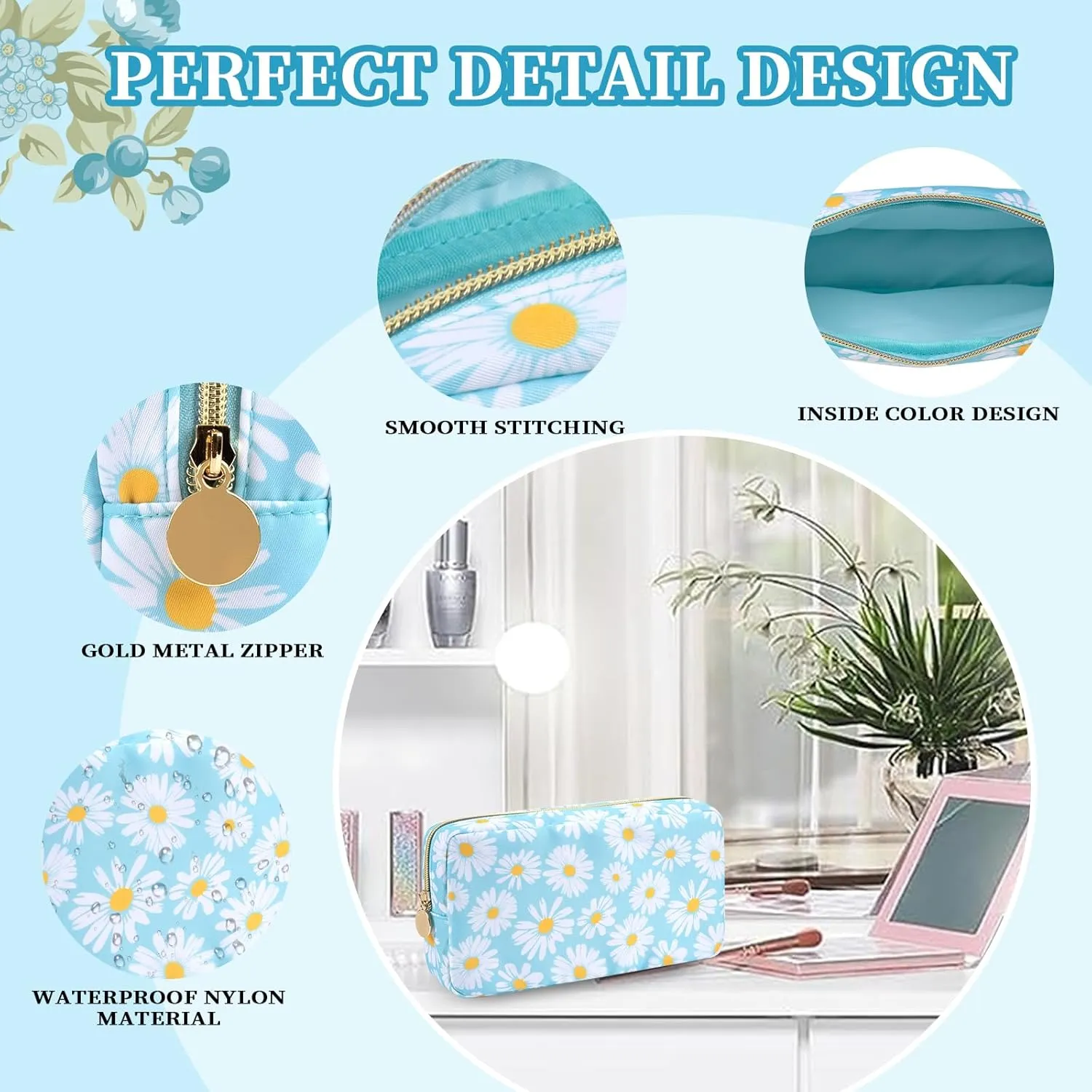Floral Small Makeup Bag for Purse, Coquette Aesthetic Makeup Bag Cute Preppy Cosmetic Bag Waterproof Nylon Pouches, Makeup Brushes Storage Bag Travel Toiletry Bag Organizer for Women(Blue Floral)