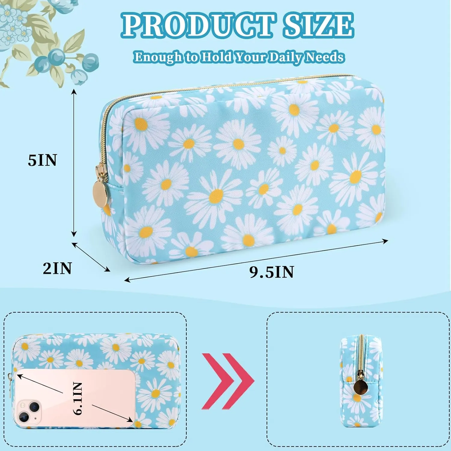 Floral Small Makeup Bag for Purse, Coquette Aesthetic Makeup Bag Cute Preppy Cosmetic Bag Waterproof Nylon Pouches, Makeup Brushes Storage Bag Travel Toiletry Bag Organizer for Women(Blue Floral)