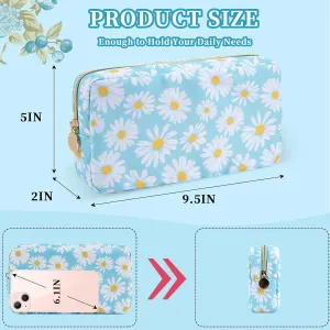Floral Small Makeup Bag for Purse, Coquette Aesthetic Makeup Bag Cute Preppy Cosmetic Bag Waterproof Nylon Pouches, Makeup Brushes Storage Bag Travel Toiletry Bag Organizer for Women(Blue Floral)