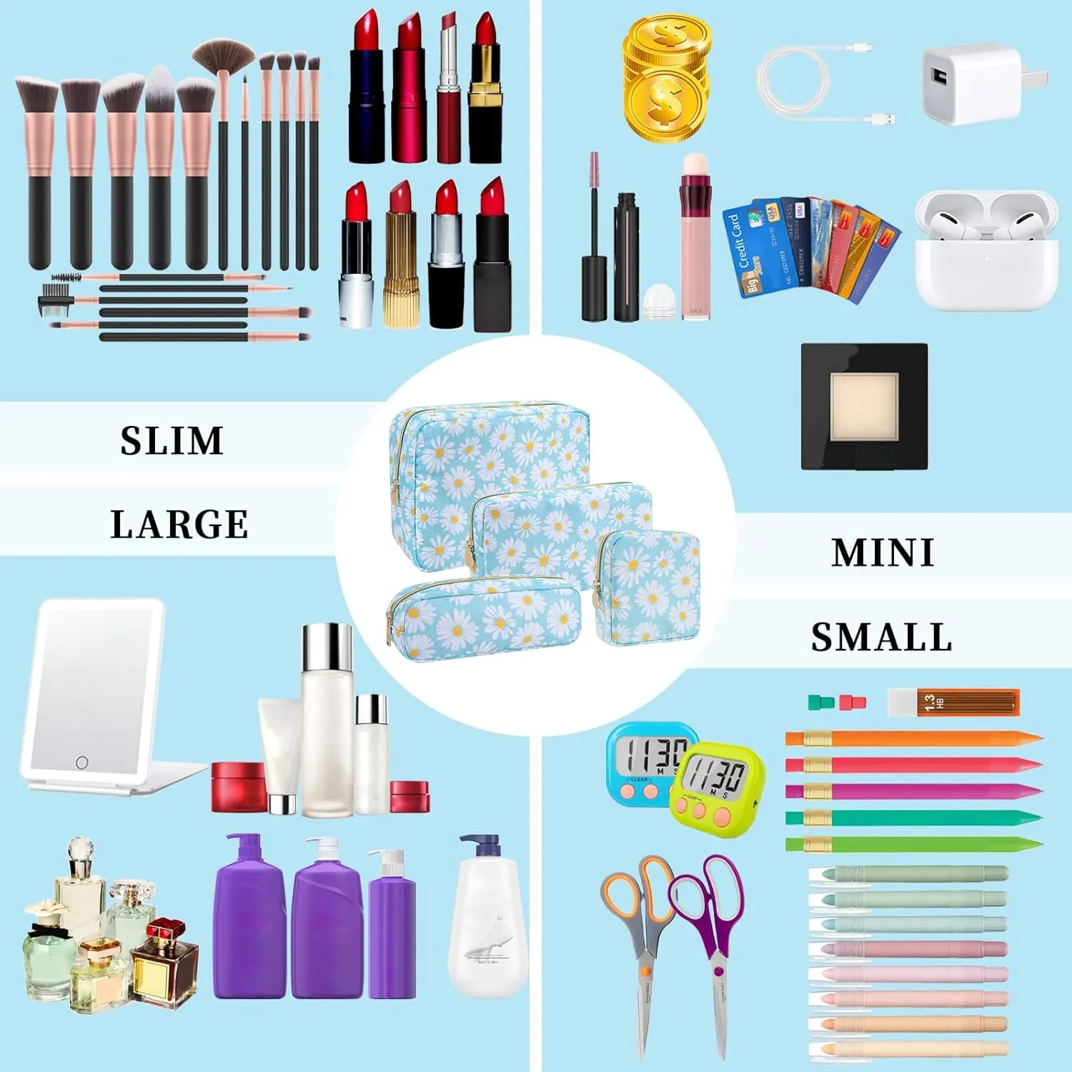 Floral Small Makeup Bag for Purse, Coquette Aesthetic Makeup Bag Cute Preppy Cosmetic Bag Waterproof Nylon Pouches, Makeup Brushes Storage Bag Travel Toiletry Bag Organizer for Women(Blue Floral)