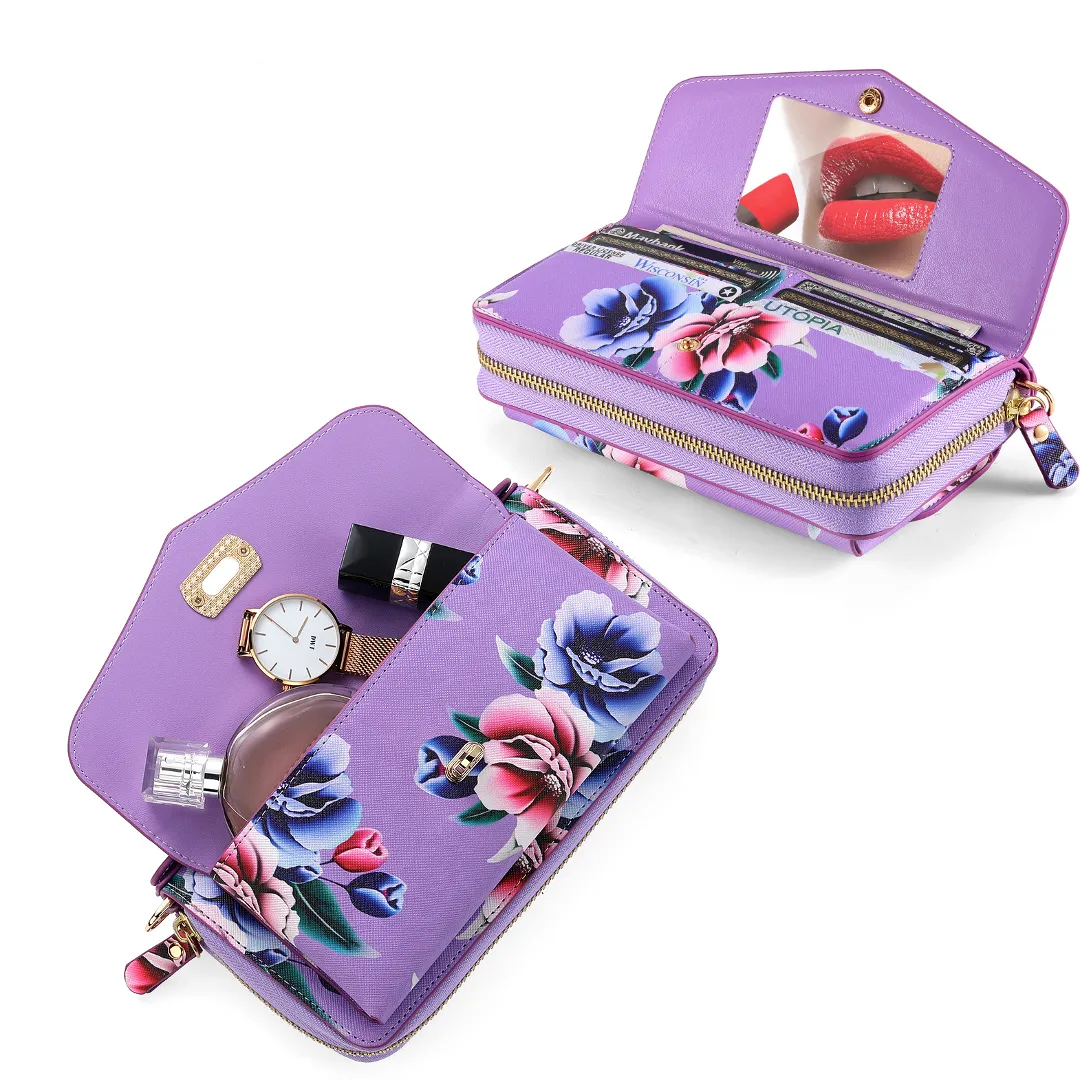 Flower Embellished Zipper Purse and Wallet Duo Case - iPhone