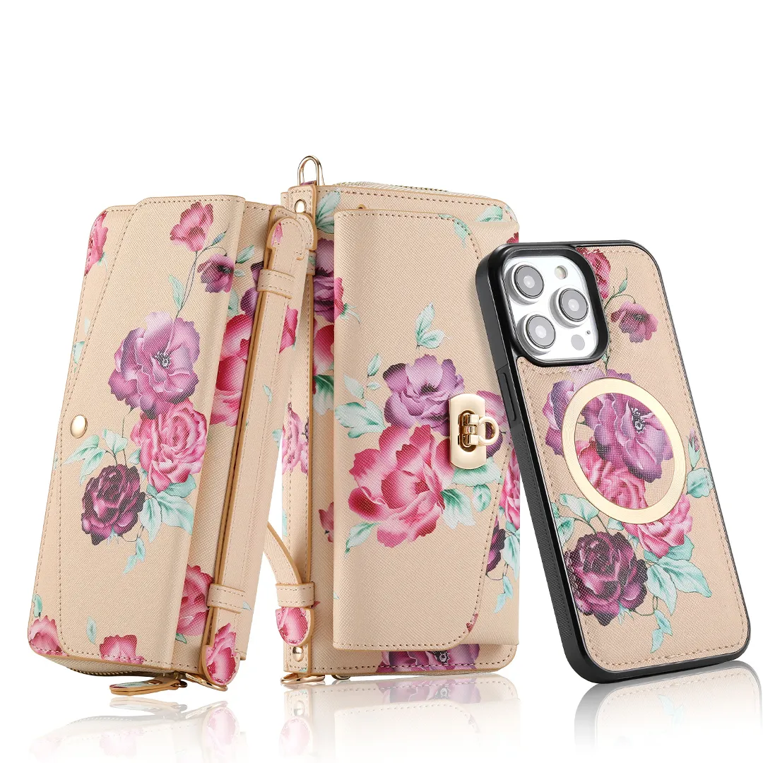Flower Embellished Zipper Purse and Wallet Duo Case - iPhone